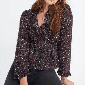 Silk Ruffle-Hem Wrap Top in Starry Night